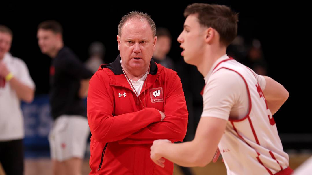 Mar 21, 2024; Brooklyn, NY, USA; Wisconsin Badgers head coach Greg Gard watches his team practice during team practice at Barclays Center. Mandatory Credit: Brad Penner-USA TODAY Sports Mar 21, 2024; Brooklyn, NY, USA; Wisconsin Badgers head coach Greg Gard watches his team practice during team practice at Barclays Center. Mandatory Credit: Brad Penner-USA TODAY Sports