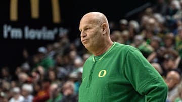 Oregon coach Kelly Graves lets out a big breath during the first half against the USC Trojans at Matthew Knight Arena in Eugene on Saturday, Dec. 7, 2024