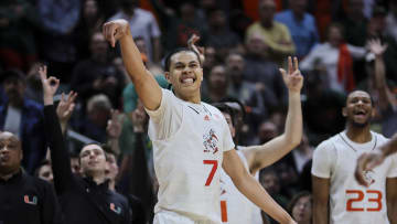 Jan 3, 2024; Coral Gables, Florida, USA; Miami Hurricanes guard Kyshawn George (7) reacts after shooting the basketball against the Clemson Tigers during the second half at Watsco Center. Mandatory Credit: Sam Navarro-USA TODAY Sports