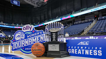 Mar 10, 2024; Greensboro, NC, USA; General view of the Championship trophy prior to the game between NC State and Notre Dame at Greensboro Coliseum. Mandatory Credit: David Yeazell-Imagn Images
