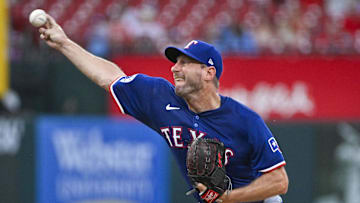 Jul 30, 2024; St. Louis, Missouri, USA;  Texas Rangers starting pitcher Max Scherzer (31) pitches against the St. Louis Cardinals during the second inning at Busch Stadium. Mandatory Credit: Jeff Curry-Imagn Images