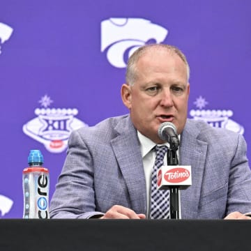 Jul 9, 2024; Las Vegas, NV, USA; Head coach Chris Klieman of Kansas State speaks to the media during the Big 12 Media Days at Allegiant Stadium. Mandatory Credit: Candice Ward-USA TODAY Sports