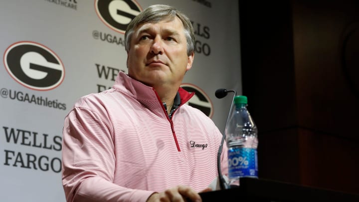 Georgia head coach Kirby Smart speaks to the media on the first day of spring practice in Athens, Ga., on Tuesday, March 12, 2024.