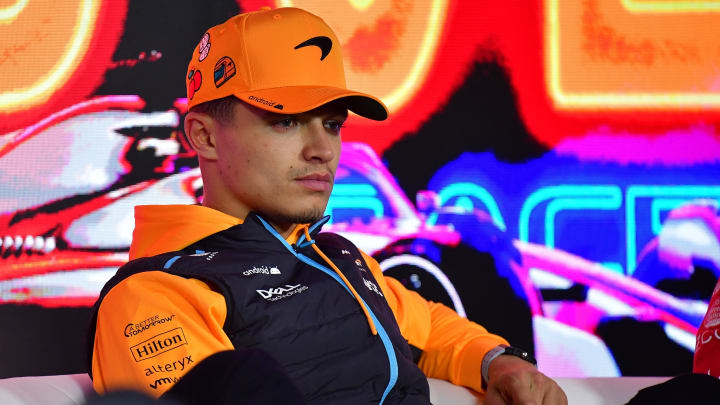 Nov 15, 2023; Las Vegas, Nevada, USA; McLaren F1 Team driver Lando Norris of Great Britain during media availabilities at Las Vegas Strip Circuit. Mandatory Credit: Gary A. Vasquez-USA TODAY Sports