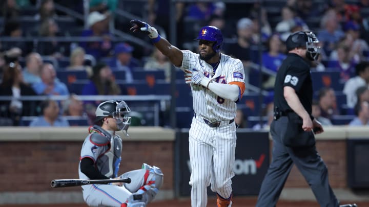 Jun 12, 2024; New York City, New York, USA; New York Mets right fielder Starling Marte (6) drops his bat after hitting a solo home run against the Miami Marlins during the fifth inning at Citi Field. Mandatory Credit: Brad Penner-USA TODAY Sports