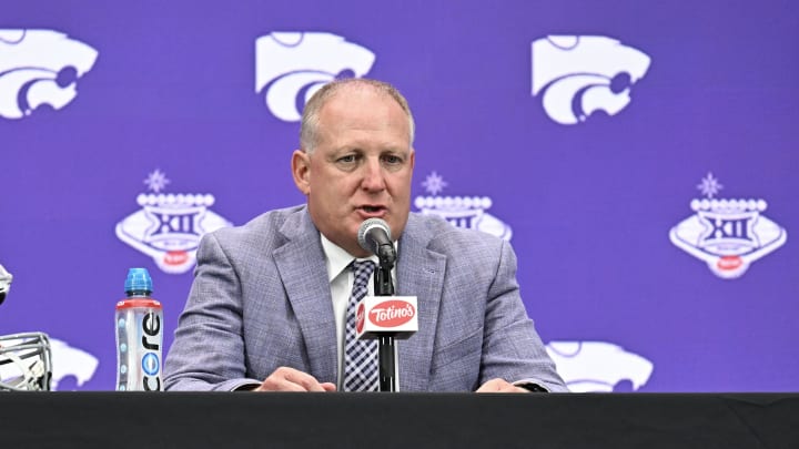 Jul 9, 2024; Las Vegas, NV, USA; Head coach Chris Klieman of Kansas State speaks to the media during the Big 12 Media Days at Allegiant Stadium. Mandatory Credit: Candice Ward-USA TODAY Sports