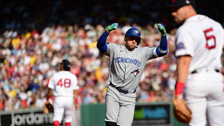 Jul 25, 2026; Boston, Massachusetts, USA; Toronto Blue Jays designated hitter George Springer (4) rounds the bases after hitting a three run home run during the third inning against the Boston Red Sox at Fenway Park. Mandatory Credit: Bob DeChiara-Imagn Images