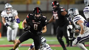 Texas Tech's wide receiver Coy Eakin (8) runs with the ball against Kansas State in a Big 12 conference football game, Saturday, Oct. 14, 2023, at Jones AT&T Stadium.