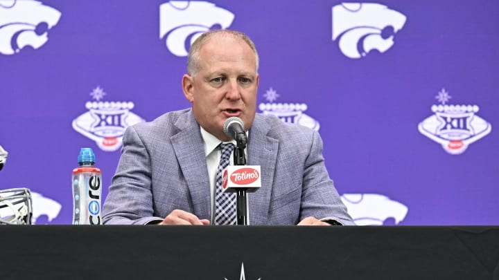 Jul 9, 2024; Las Vegas, NV, USA; Head coach Chris Klieman of Kansas State speaks to the media during the Big 12 Media Days at Allegiant Stadium. Mandatory Credit: Candice Ward-USA TODAY Sports