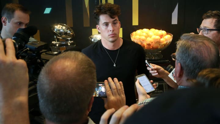 Iowa’s quarterback Cade McNamara talks to the media Tuesday, July 16, 2024 in Iowa City, Iowa.