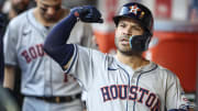 Jun 28, 2024; New York City, New York, USA;  Houston Astros second baseman Jose Altuve (27) celebrates after hitting a leadoff home run in the first inning against the New York Mets at Citi Field. Mandatory Credit: Wendell Cruz-USA TODAY Sports