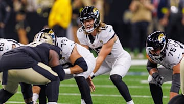 Aug 17, 2025; New Orleans, Louisiana, USA;  Jacksonville Jaguars quarterback Trevor Lawrence (16) calls for the ball against the New Orleans Saints during the first half at Caesars Superdome. 
