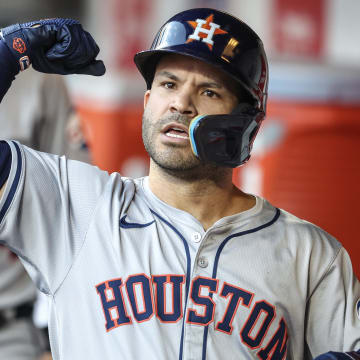 Jun 28, 2024; New York City, New York, USA;  Houston Astros second baseman Jose Altuve (27) celebrates after hitting a leadoff home run in the first inning against the New York Mets at Citi Field