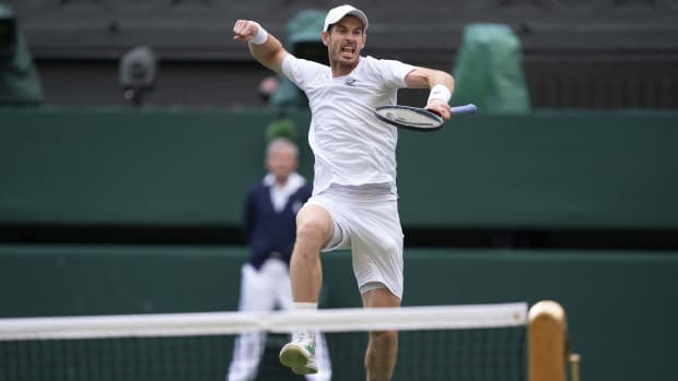 Andy Murray reacts to winning a match at Wimbledon.