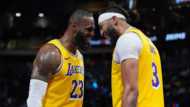 Dec 9, 2023; Las Vegas, Nevada, USA; Los Angeles Lakers forward LeBron James (23) and forward Anthony Davis (3) celebrate after winning the in season tournament championship final against the Indiana Pacers at T-Mobile Arena. Mandatory Credit: Kyle Terada-Imagn Images