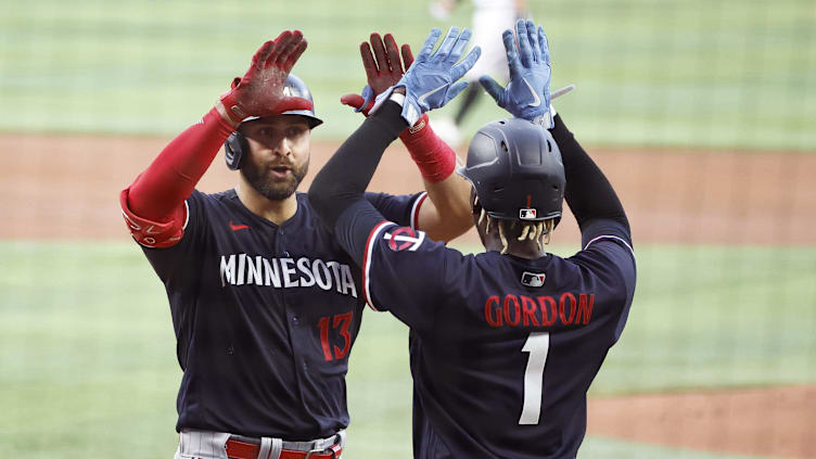 Apr 3, 2023; Miami, Florida, USA;  Minnesota Twins left fielder Joey Gallo (13) is congratulated by