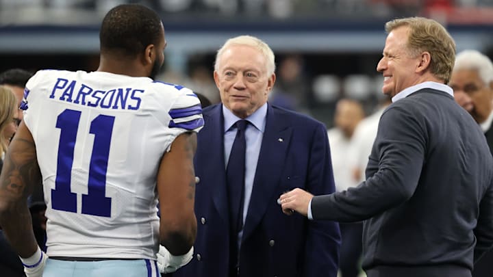 Dallas Cowboys linebacker Micah Parsons meets with owner Jerry Jones and NFL commissioner Roger Goodell Dallas Cowboys linebacker Micah Parsons meets with owner Jerry Jones and NFL commissioner Roger Goodell