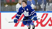 Apr 17, 2025; Toronto, Ontario, CAN; Toronto Maple Leafs right wing Mitch Marner (16) jumps during the warmup before a game against the Detroit Red Wings at Scotiabank Arena. Mandatory Credit: Nick Turchiaro-Imagn Images