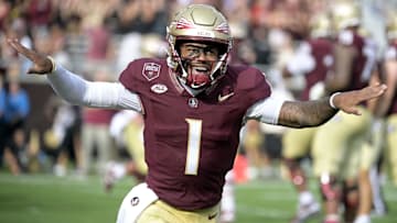 Aug 30, 2025; Tallahassee, Florida, USA; Florida State Seminoles quarterback Tommy Castellanos (1) celebrates after a touchdown against the Alabama Crimson Tide during the second half at Doak S. Campbell Stadium. Mandatory Credit: Melina Myers-Imagn Images