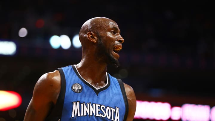 Dec 13, 2015; Phoenix, AZ, USA; Phoenix Suns forward Kevin Garnett (21) reacts in the first quarter against the Minnesota Timberwolves at Talking Stick Resort Arena. Mandatory Credit: Mark J. Rebilas-USA TODAY Sports
