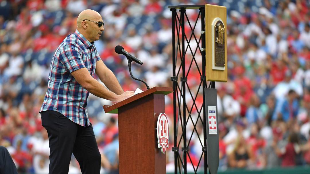 Aug 8, 2021; Philadelphia, Pennsylvania, USA; Former Philadelphia Phillies outfielder Raul Ibanez gives a speech during ceremony to retire the uniform number of former Phillies pitcher Roy Halladay before game against the New York Mets for at Citizens Bank Park. Mandatory Credit: Eric Hartline-USA TODAY Sports Aug 8, 2021; Philadelphia, Pennsylvania, USA; Former Philadelphia Phillies outfielder Raul Ibanez gives a speech during ceremony to retire the uniform number of former Phillies pitcher Roy Halladay before game against the New York Mets for at Citizens Bank Park. Mandatory Credit: Eric Hartline-USA TODAY Sports