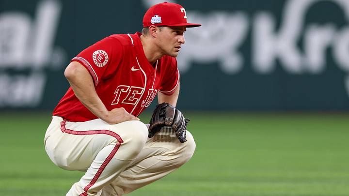 Jun 5, 2026; Arlington, Texas, USA; Texas Rangers shortstop Corey Seager (5) stretches during a break in the eighth inning against the Cleveland Guardians at Globe Life Field. Mandatory Credit: Andrew Dieb-Imagn Images