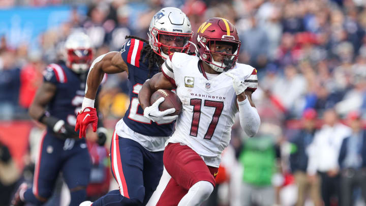 Nov 5, 2023; Foxborough, Massachusetts, USA; Washington Commanders receiver Terry McLaurin (17) runs