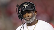 Sep 12, 2025; Houston, Texas, USA; Colorado Buffaloes head coach Deion Sanders looks on from the sideline during the first half against the Houston Cougars at TDECU Stadium. Mandatory Credit: Troy Taormina-Imagn Images