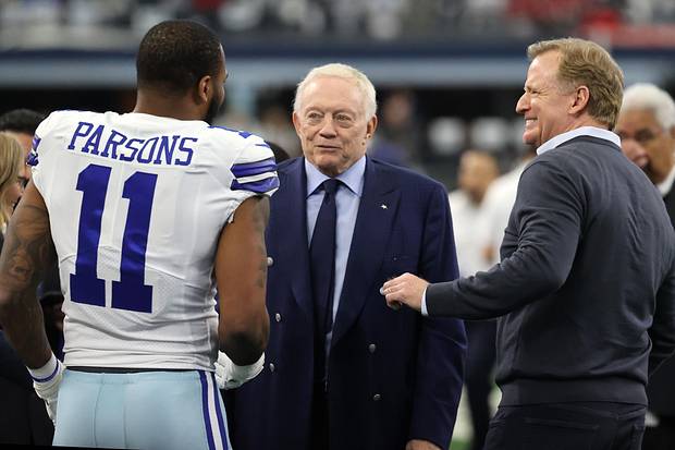 Dallas Cowboys outside linebacker Micah Parsons meets with owner Jerry Jones and NFL commissioner Roger Goodell.