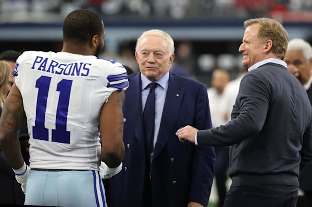 Dallas Cowboys outside linebacker Micah Parsons meets with owner Jerry Jones and NFL commissioner Roger Goodell. 