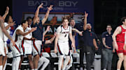 Gonzaga Bulldogs guard Dusty Stromer (4) reacts after scoring against the Davidson Wildcats. 