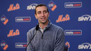 Jul 30, 2024; New York City, New York, USA; New York Mets president of baseball operations David Stearns speaks to the media about the MLB trade deadline before a game against the Minnesota Twins at Citi Field. Mandatory Credit: Brad Penner-Imagn Images