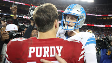 Detroit Lions quarterback Jared Goff (R) and San Francisco 49ers quarterback Brock Purdy (L)