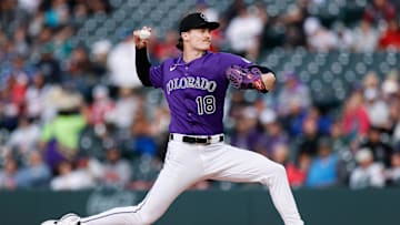 Apr 28, 2025; Denver, Colorado, USA; Colorado Rockies starting pitcher Ryan Feltner (18) pitches in the first inning against the Atlanta Braves at Coors Field. Mandatory Credit: Isaiah J. Downing-Imagn Images