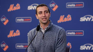 Jul 30, 2024; New York City, New York, USA; New York Mets president of baseball operations David Stearns speaks to the media about the MLB trade deadline before a game against the Minnesota Twins at Citi Field. Mandatory Credit: Brad Penner-Imagn Images