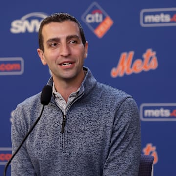 Jul 30, 2024; New York City, New York, USA; New York Mets president of baseball operations David Stearns speaks to the media about the MLB trade deadline before a game against the Minnesota Twins at Citi Field. Mandatory Credit: Brad Penner-Imagn Images