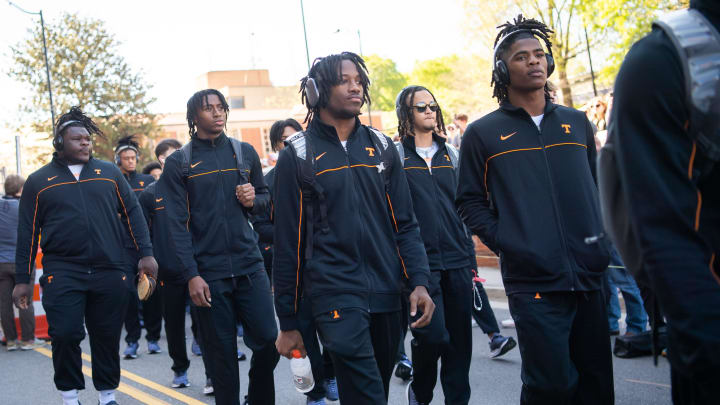 Tennessee football players during the Vol Walk held before Tennessee's Orange & White spring
