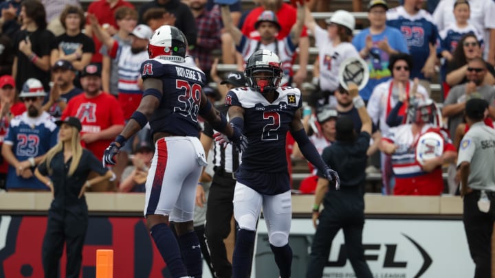 Mar 31, 2024; Houston, TX, USA; Houston Roughnecks defensive back Jeremiah Johnson (2) celebrates after defending a pass on third down play in the during the first quarter of a game against Memphis Showboats at Rice Stadium. Mandatory Credit: Joseph Buvid-USA TODAY Sports