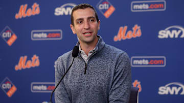 Jul 30, 2024; New York City, New York, USA; New York Mets president of baseball operations David Stearns speaks to the media about the MLB trade deadline before a game against the Minnesota Twins at Citi Field. Mandatory Credit: Brad Penner-Imagn Images