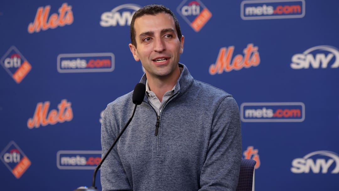 Jul 30, 2024; New York City, New York, USA; New York Mets president of baseball operations David Stearns speaks to the media about the MLB trade deadline before a game against the Minnesota Twins at Citi Field. Mandatory Credit: Brad Penner-Imagn Images