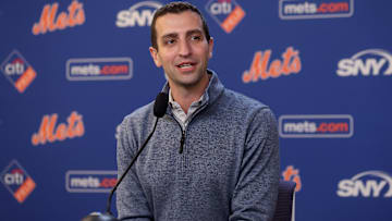Jul 30, 2024; New York City, New York, USA; New York Mets president of baseball operations David Stearns speaks to the media about the MLB trade deadline before a game against the Minnesota Twins at Citi Field. Mandatory Credit: Brad Penner-Imagn Images