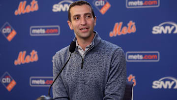 Jul 30, 2024; New York City, New York, USA; New York Mets president of baseball operations David Stearns speaks to the media about the MLB trade deadline before a game against the Minnesota Twins at Citi Field. Mandatory Credit: Brad Penner-Imagn Images
