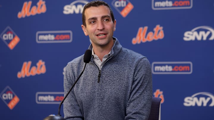Jul 30, 2024; New York City, New York, USA; New York Mets president of baseball operations David Stearns speaks to the media about the MLB trade deadline before a game against the Minnesota Twins at Citi Field. Mandatory Credit: Brad Penner-Imagn Images