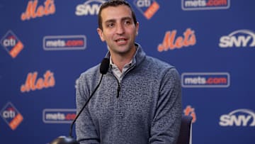 Jul 30, 2024; New York City, New York, USA; New York Mets president of baseball operations David Stearns speaks to the media about the MLB trade deadline before a game against the Minnesota Twins at Citi Field. Mandatory Credit: Brad Penner-Imagn Images