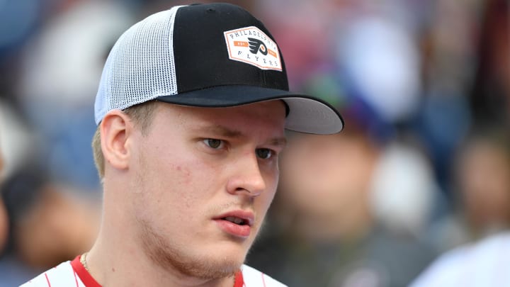 Jul 29, 2024; Philadelphia, Pennsylvania, USA; Philadelphia Flyers 2023 first-round draft pick Matvei Michkov before game between New York Yankees and Philadelphia Phillies at Citizens Bank Park. Mandatory Credit: Eric Hartline-USA TODAY Sports