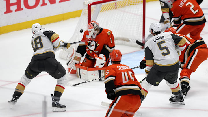Feb 1, 2026; Anaheim, California, USA;  Vegas Golden Knights center Tomas Hertl (48) shoots the puck against Anaheim Ducks goaltender Lukas Dostal (1) during the third period at Honda Center. Mandatory Credit: Kiyoshi Mio-Imagn Images