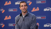 Jul 30, 2024; New York City, New York, USA; New York Mets president of baseball operations David Stearns speaks to the media about the MLB trade deadline before a game against the Minnesota Twins at Citi Field. Mandatory Credit: Brad Penner-Imagn Images