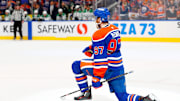 May 25, 2025; Edmonton, Alberta, CAN; Edmonton Oilers center Connor McDavid (97) celebrates after he scores a goal against Dallas Stars goaltender Jake Oettinger (not pictured) during the first period in game three of the Western Conference Final of the 2025 Stanley Cup Playoffs at Rogers Place. Mandatory Credit: Perry Nelson-Imagn Images