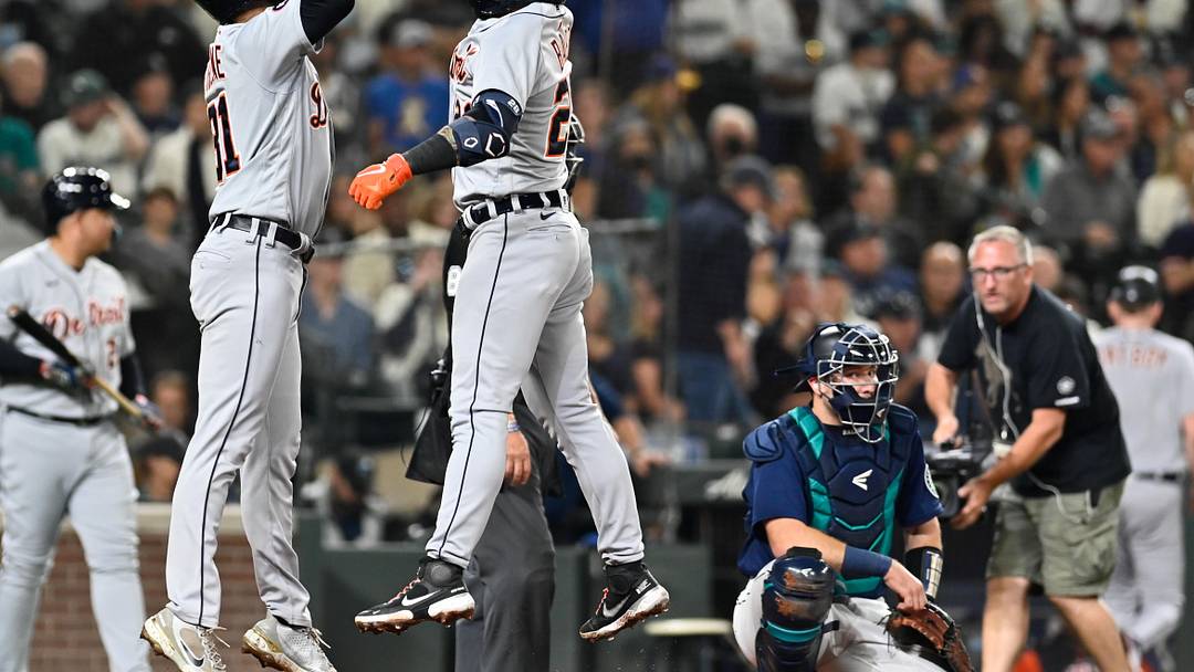 Detroit Tigers center fielder Riley Greene (31) and shortstop Javier Baez (28) celebrate after Baez hit a 2-run home run against the Seattle Mariners during the third inning at T-Mobile Park. 