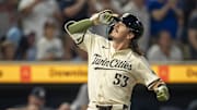 Sep 16, 2025; Minneapolis, Minnesota, USA; Minnesota Twins shortstop Ryan Fitzgerald (53) celebrates hitting a two run home run against the New York Yankees in the sixth inning at Target Field. Mandatory Credit: Jesse Johnson-Imagn Images